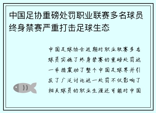 中国足协重磅处罚职业联赛多名球员终身禁赛严重打击足球生态