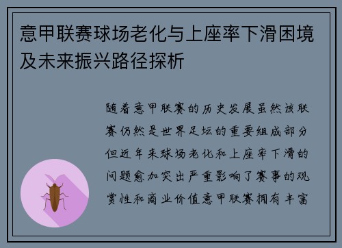 意甲联赛球场老化与上座率下滑困境及未来振兴路径探析 意甲联赛球场老化与上座率下滑困境及未来振兴路径探析