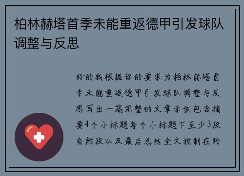 柏林赫塔首季未能重返德甲引发球队调整与反思