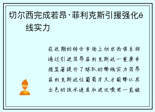 切尔西完成若昂·菲利克斯引援强化锋线实力